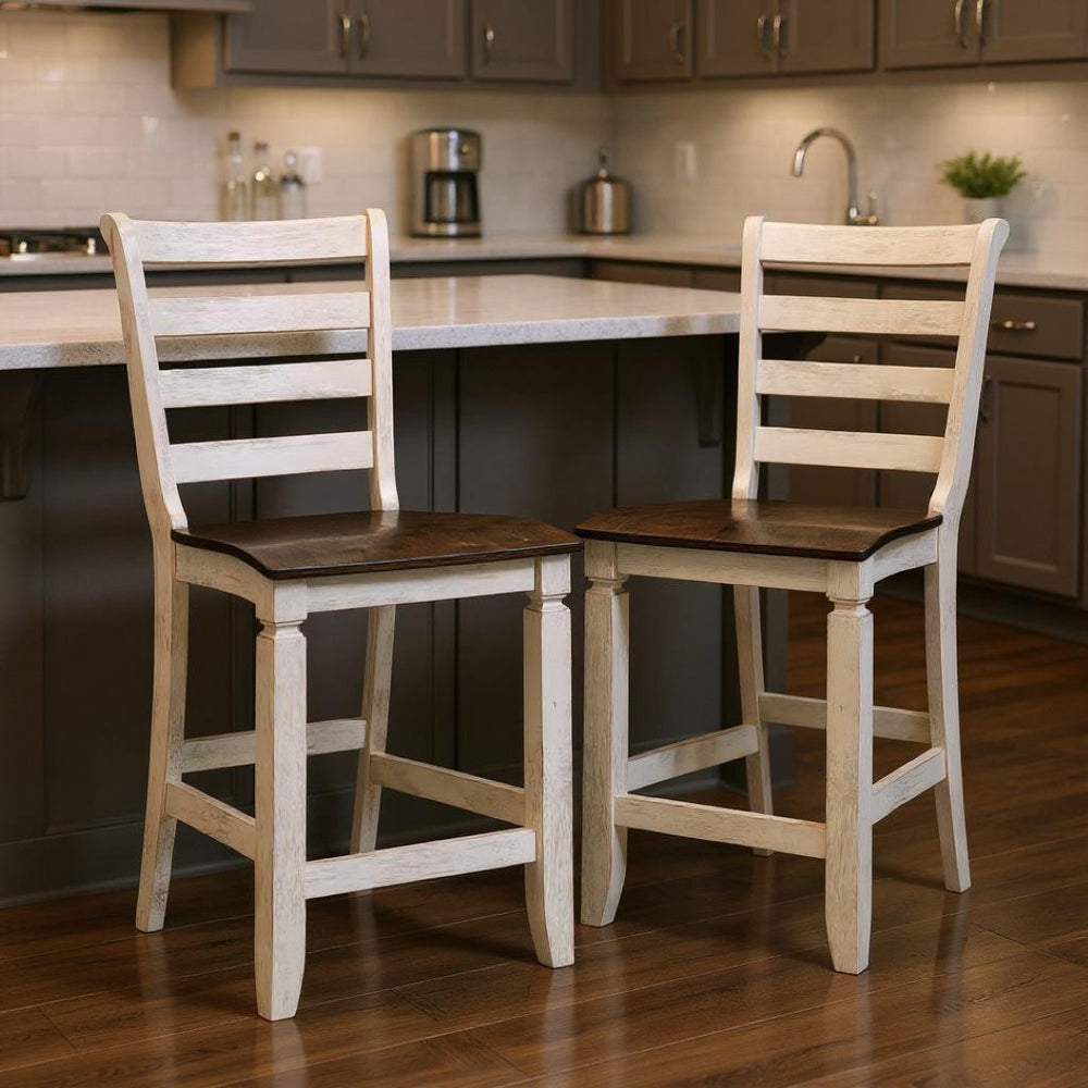 HomeRoots Set of Two Stylish 24" Oak & Antiqued White Solid Wood Counter Height Bar Chairs for Any Decor 573446