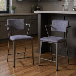 HomeRoots Set of Two Stylish 18" Gray Fabric & Metal Counter Height Bar Chairs for Modern Spaces & Comfort 573447