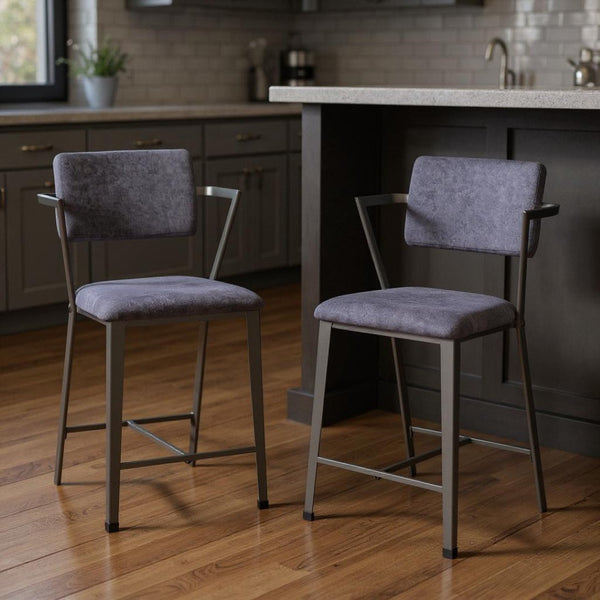 HomeRoots Set of Two Stylish 18" Gray Fabric & Metal Counter Height Bar Chairs for Modern Spaces & Comfort 573447