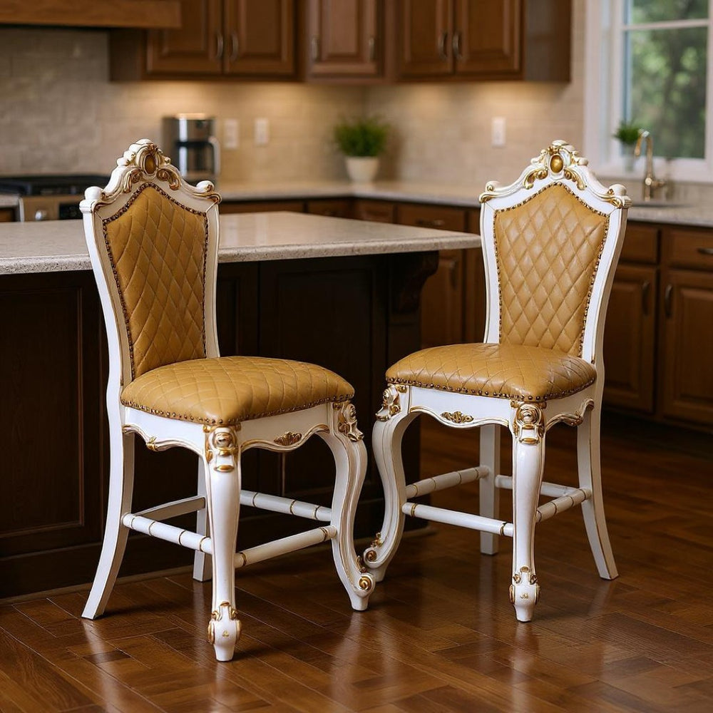 HomeRoots Set of Two Elegant Brown Faux Leather Bar Chairs with Pearl Wood Frame for Stylish Dining Spaces 573448