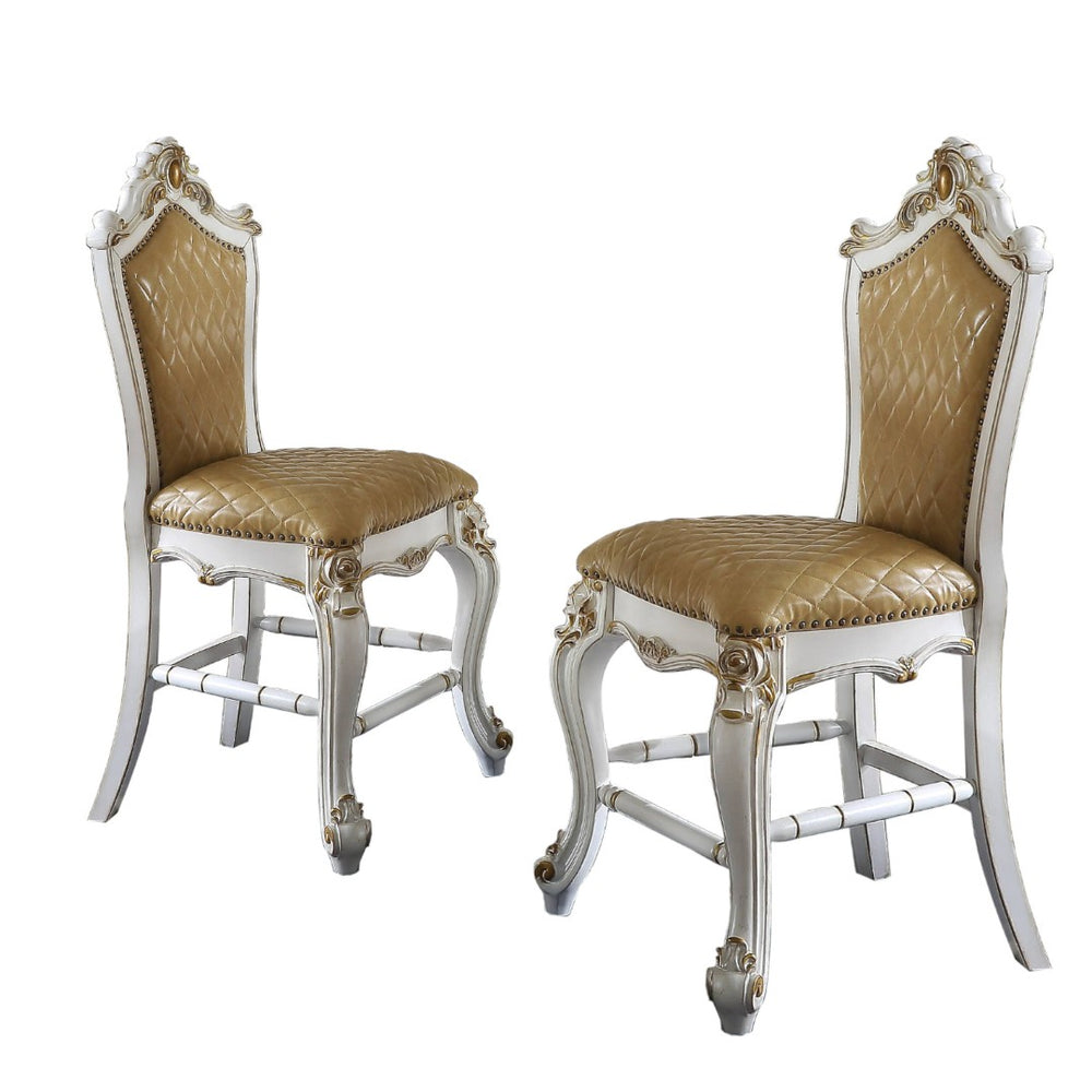 HomeRoots Set of Two Elegant Brown Faux Leather Bar Chairs with Pearl Wood Frame for Stylish Dining Spaces 573448