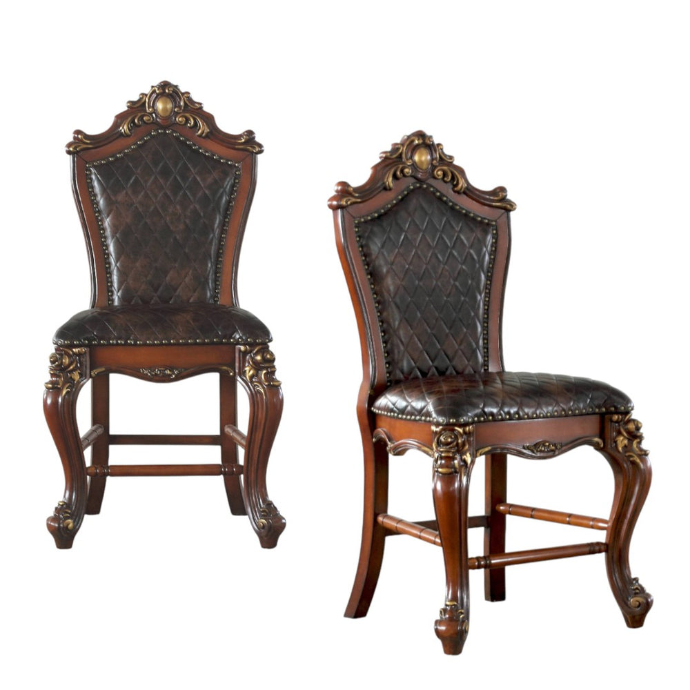 HomeRoots Set of Two Stylish Chocolate Faux Leather Counter-Height Bar Chairs with Oak-Finished Frame 573449