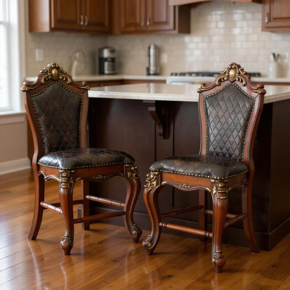 HomeRoots Set of Two Stylish Chocolate Faux Leather Counter-Height Bar Chairs with Oak-Finished Frame 573449