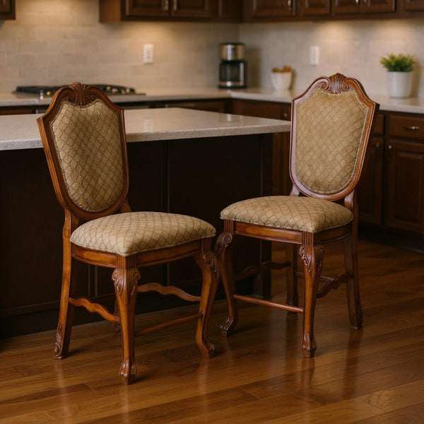 HomeRoots Set of Two 24" Beige and Brown Upholstered Bar Chairs with Elegant Wood Frame for Stylish Dining 573450