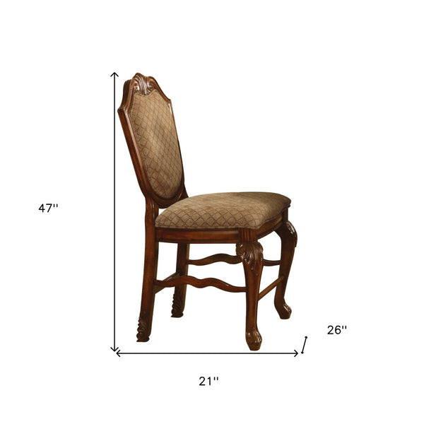 HomeRoots Set of Two 24" Beige and Brown Upholstered Bar Chairs with Elegant Wood Frame for Stylish Dining 573450