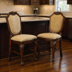 HomeRoots Set of Two Stylish 24" Beige and Espresso Fabric Bar Chairs for Modern Kitchen or Home Bar Decor 573451