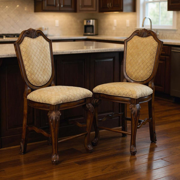 HomeRoots Set of Two Stylish 24" Beige and Espresso Fabric Bar Chairs for Modern Kitchen or Home Bar Decor 573451
