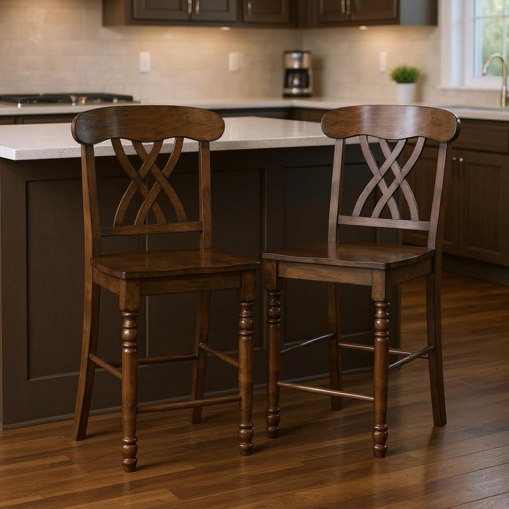 HomeRoots Set of Two Elegant 24" Walnut Solid Wood Counter Height Chairs for Stylish Dining & Entertaining 573452