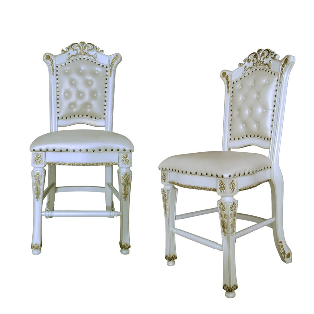HomeRoots Set of Two Elegant Pearl Faux Leather Bar Chairs with Carved Wood Accents for Stylish Seating 573455