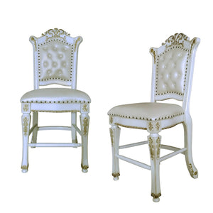 HomeRoots Set of Two Elegant Pearl Faux Leather Bar Chairs with Carved Wood Accents for Stylish Seating 573455
