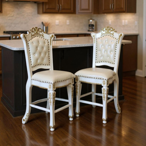 HomeRoots Set of Two Elegant Pearl Faux Leather Bar Chairs with Carved Wood Accents for Stylish Seating 573455