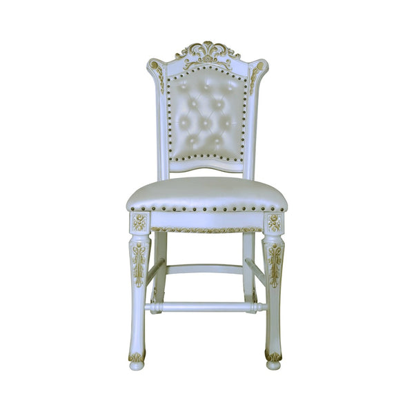 HomeRoots Set of Two Elegant Pearl Faux Leather Bar Chairs with Carved Wood Accents for Stylish Seating 573455