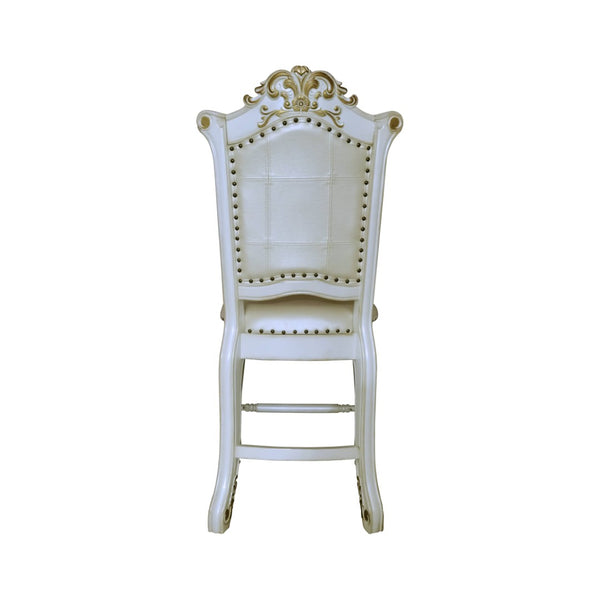 HomeRoots Set of Two Elegant Pearl Faux Leather Bar Chairs with Carved Wood Accents for Stylish Seating 573455