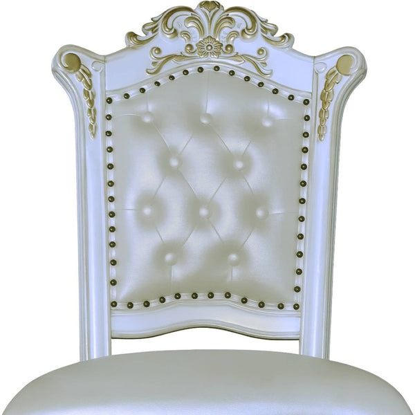 HomeRoots Set of Two Elegant Pearl Faux Leather Bar Chairs with Carved Wood Accents for Stylish Seating 573455