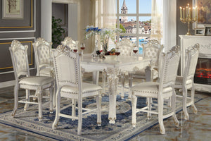 HomeRoots Set of Two Elegant Pearl Faux Leather Bar Chairs with Carved Wood Accents for Stylish Seating 573455