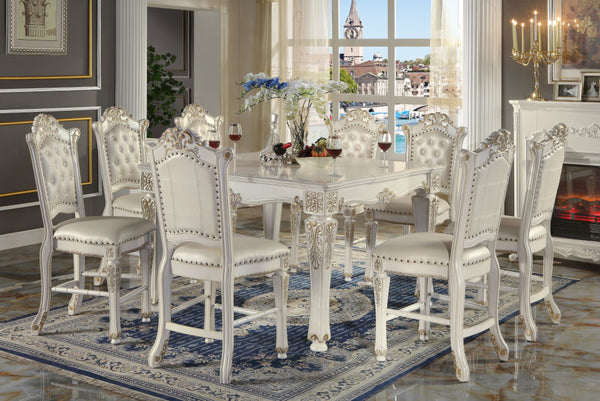 HomeRoots Set of Two Elegant Pearl Faux Leather Bar Chairs with Carved Wood Accents for Stylish Seating 573455