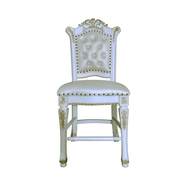 HomeRoots Set of Two Elegant Pearl Faux Leather Bar Chairs with Carved Wood Accents for Stylish Seating 573455