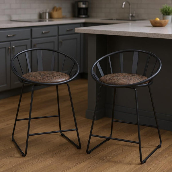 HomeRoots Set of Two Stylish 23" Brown Faux Leather Counter Height Bar Chairs with Metal Frame Design 573456