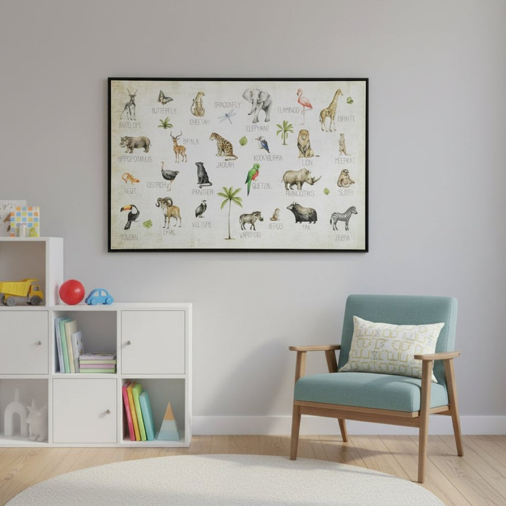 HomeRoots Jungle Animals Alphabet Wall Art in Black Floater Frame - Vintage Educational Decor for Kids 573460