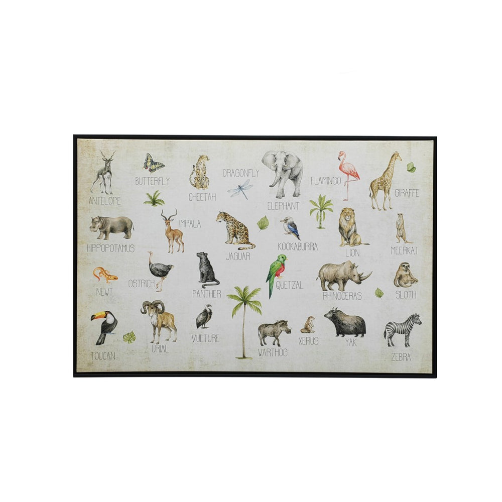 HomeRoots Jungle Animals Alphabet Wall Art in Black Floater Frame - Vintage Educational Decor for Kids 573460