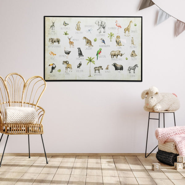 Homeroots Jungle Animals Alphabet Wall Art – Stylish Black Floater Frame For Kids' Rooms And Playrooms  Canvas 573460