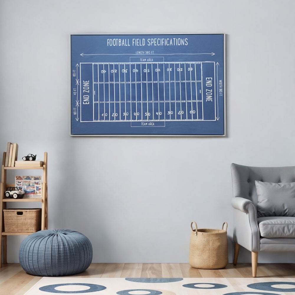 Homeroots Blue Football Field White Floater Frame Print - Trendy Watercolor Wall Art For Stylish Home Decor  Canvas 573461
