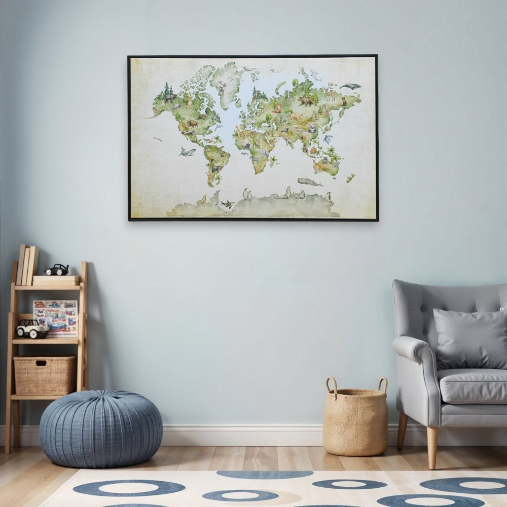 HomeRoots Animal World Map Watercolor Canvas Print in Black Floater Frame - Perfect for Home Decor! 573462