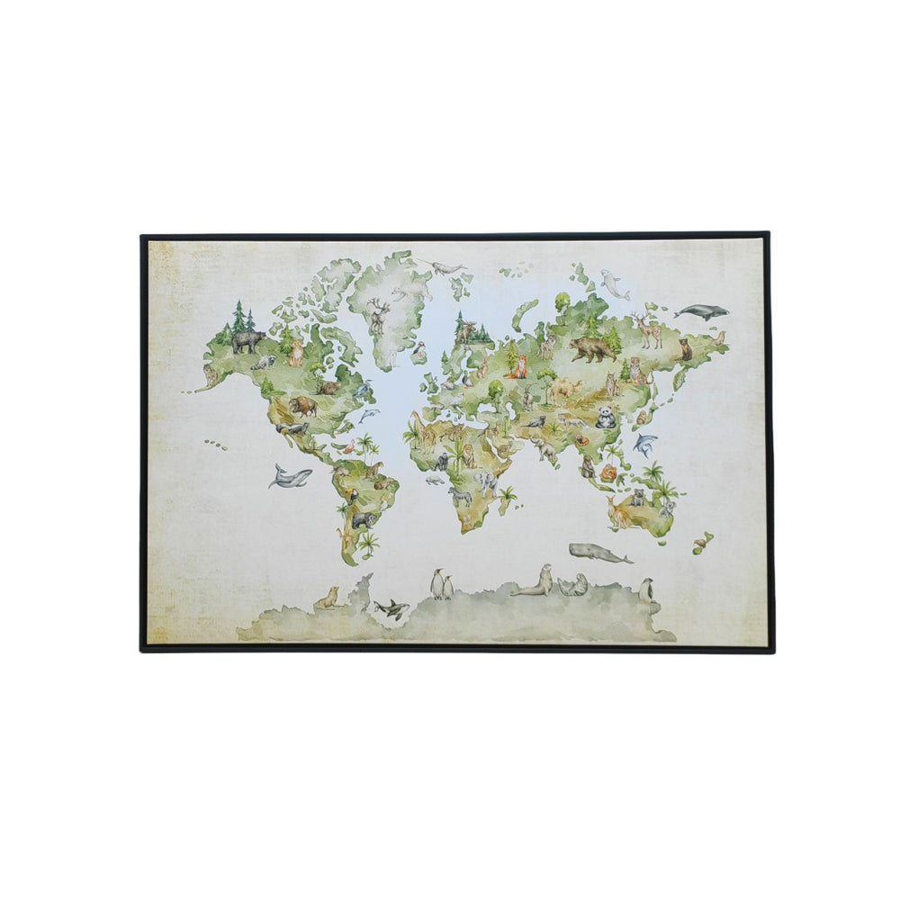 HomeRoots Animal World Map Watercolor Canvas Print in Black Floater Frame - Perfect for Home Decor! 573462
