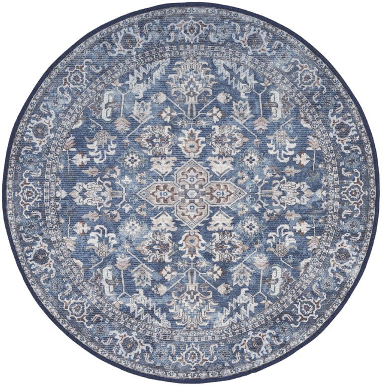 HomeRoots 8 Ft Round Floral Area Rug Blue Vintage Faded Cotton Blend Pile Living Room 573546