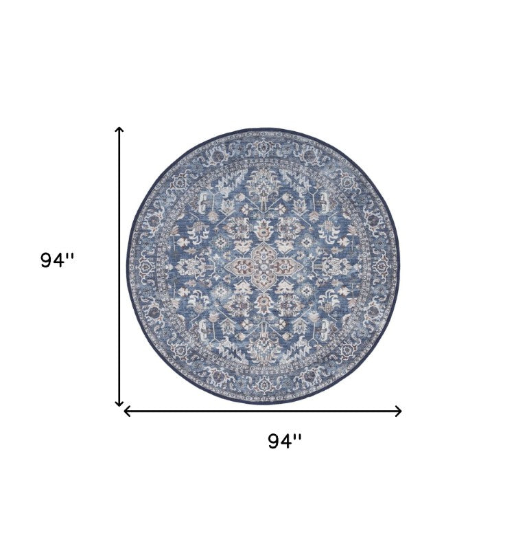HomeRoots 8 Ft Round Floral Area Rug Blue Vintage Faded Cotton Blend Pile Living Room 573546