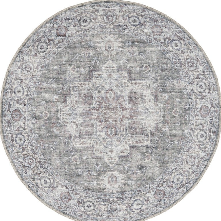 8 Foot Round Cotton Blend Floral Area Rug with Vintage Faded Finish for Living Rooms