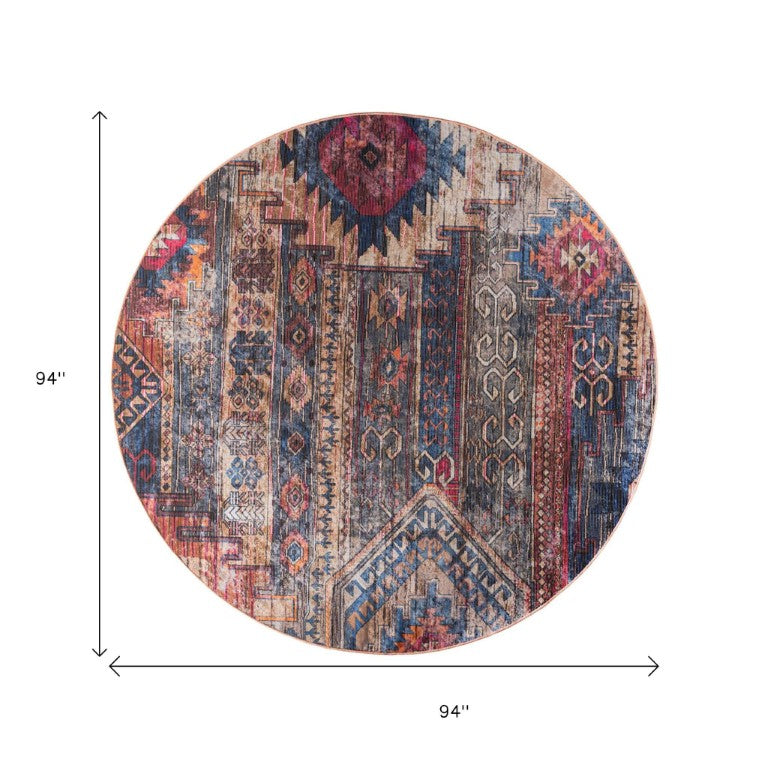 8 Foot Round Geometric Cotton Blend Rug with Vintage Faded Finish for Living Rooms
