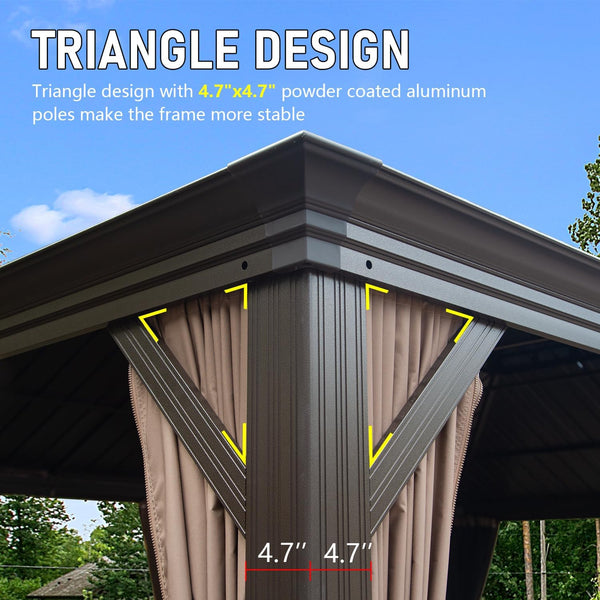English Elm 14x24FT Hardtop Gazebo Outdoor Pavilion with Galvanized Double Roof, Aluminum Frame, Built-In Gutter System, Curtains and Mesh for Patio Garden Brown W1859S00107