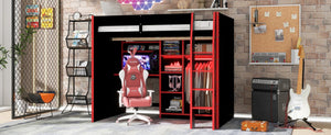 English Elm Full Size Loft Bed with Rgb Lighting Desk Open Wardrobe and Storage for Gaming Rooms Red LT000277AAR