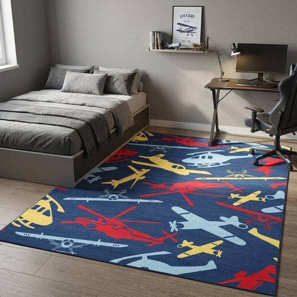 5x7 Kids Helicopter Print Washable Polyester Area Rug for Playroom or Nursery