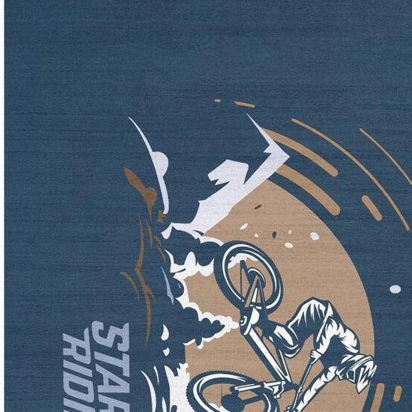 HomeRoots 5' Mountain Biker Area Rug – Vibrant Blue, Gold & White Design for Kids' Rooms, Easy Care & Durable 5' X 7' 573682