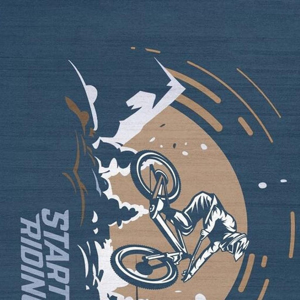 HomeRoots 5' Mountain Biker Area Rug – Vibrant Blue, Gold & White Design for Kids' Rooms, Easy Care & Durable 5' X 7' 573682