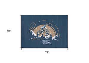HomeRoots 5' Mountain Biker Area Rug – Vibrant Blue, Gold & White Design for Kids' Rooms, Easy Care & Durable 5' X 7' 573682
