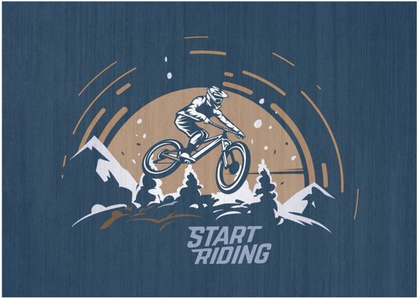 HomeRoots 5' Mountain Biker Area Rug – Vibrant Blue, Gold & White Design for Kids' Rooms, Easy Care & Durable 5' X 7' 573682