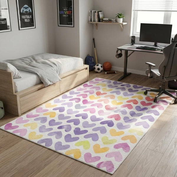 5x7 Ivory Heart Pattern Polyester Kids Rug Machine Washable Nursery Playroom