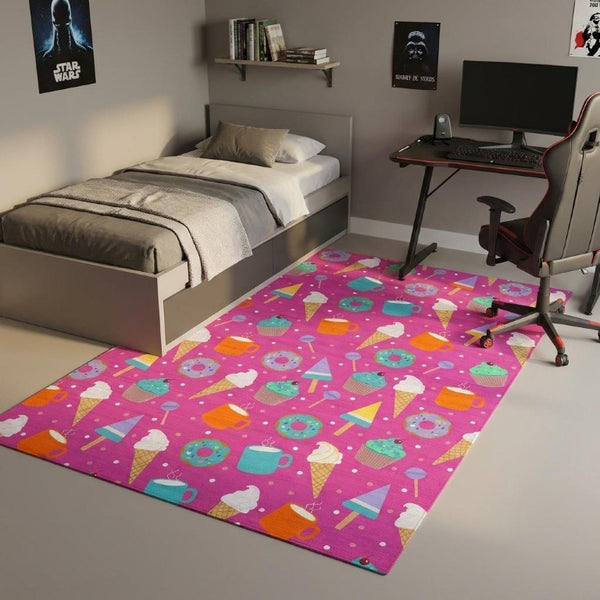 5x7 Kids Playroom Washable Polyester Rug with Ice Cream Donut Novelty Print