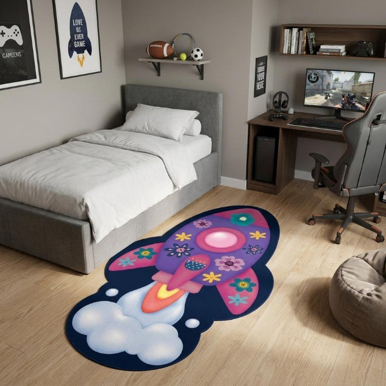 5x7 Kids Spaceship Polyester Area Rug Machine Washable Non-slip Playroom Floor