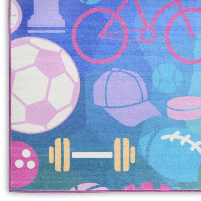 HomeRoots 5x7 Sports Themed Kids Playroom Rug Washable Polyester with Non-slip Backing 573693