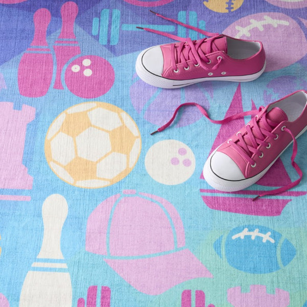 5x7 Sports Themed Kids Playroom Rug Washable Polyester with Non-slip Backing