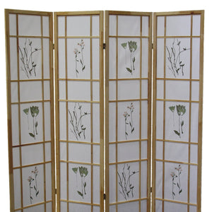 English Elm 70" Tall 4-Panel Shoji Room Divider – Elegant Natural Wood Folding Screen With Floral Design Accent B072115967