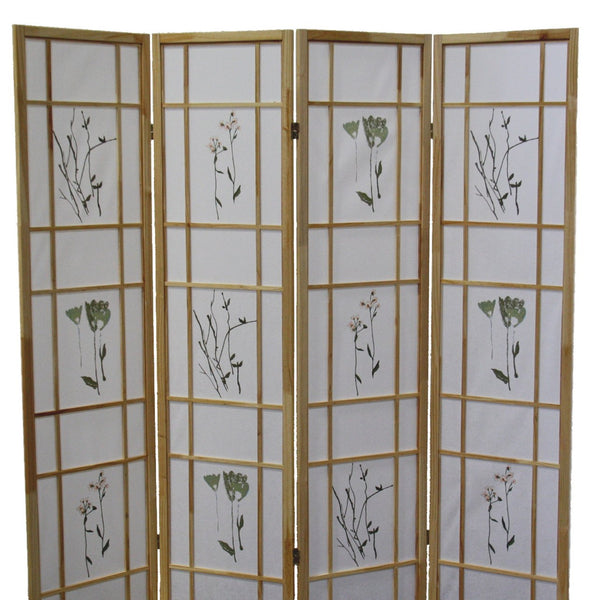English Elm 70" Tall 4-Panel Shoji Room Divider – Elegant Natural Wood Folding Screen With Floral Design Accent B072115967