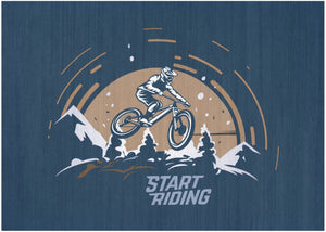 HomeRoots 5' Mountain Biker Area Rug – Vibrant Blue, Gold & White Design for Kids' Rooms, Easy Care & Durable 7' X 9' 573709