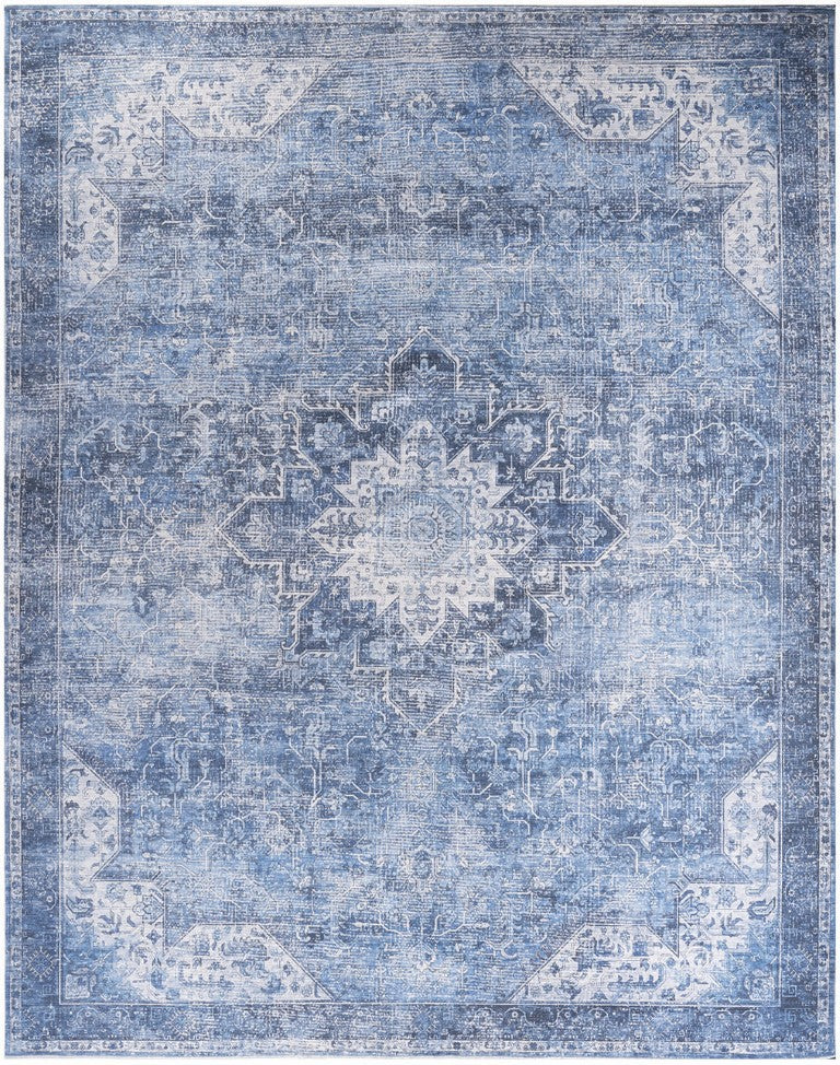 HomeRoots Blue Floral Distressed Area Rug with Vintage Look Low Pile for Living Room Floors 9' x 12' - A 573722