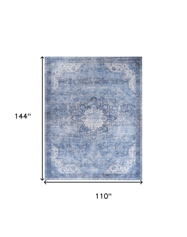 HomeRoots Blue Floral Distressed Area Rug with Vintage Look Low Pile for Living Room Floors 9' x 12' - A 573722