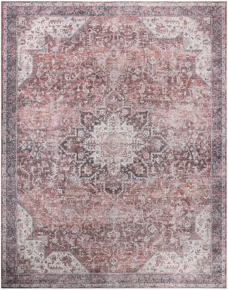 HomeRoots Red Floral Vintage Distressed Polypropylene Area Rug for Living Room or Dining Space 9' x 12' 573725